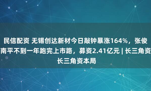 民信配资 无锡创达新材今日敲钟暴涨164%，张俊、陆南平不到一年跑完上市路，募资2.41亿元 | 长三角资本局